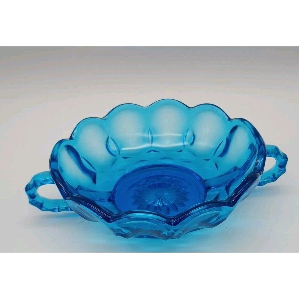 Vintage Anchor Hocking Fairfield Aqua Blue 2 Handle Nappy Candy Nut Dish Bowl